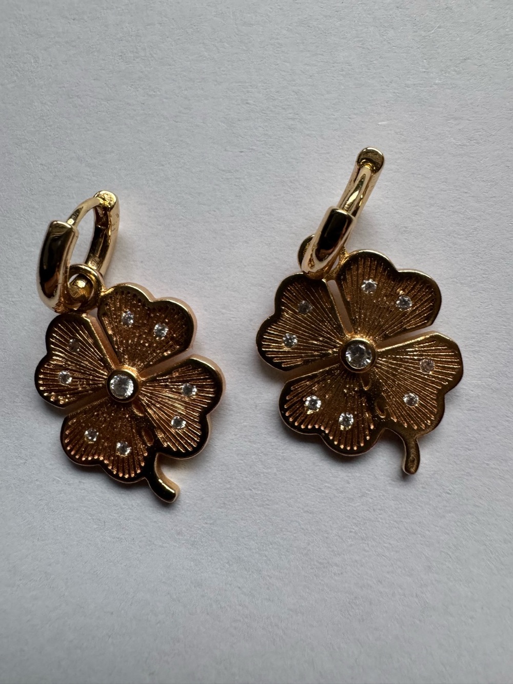Anthropologie NWOT Gold Four-Leaf Clover Drop Earrings with Crystal Accents